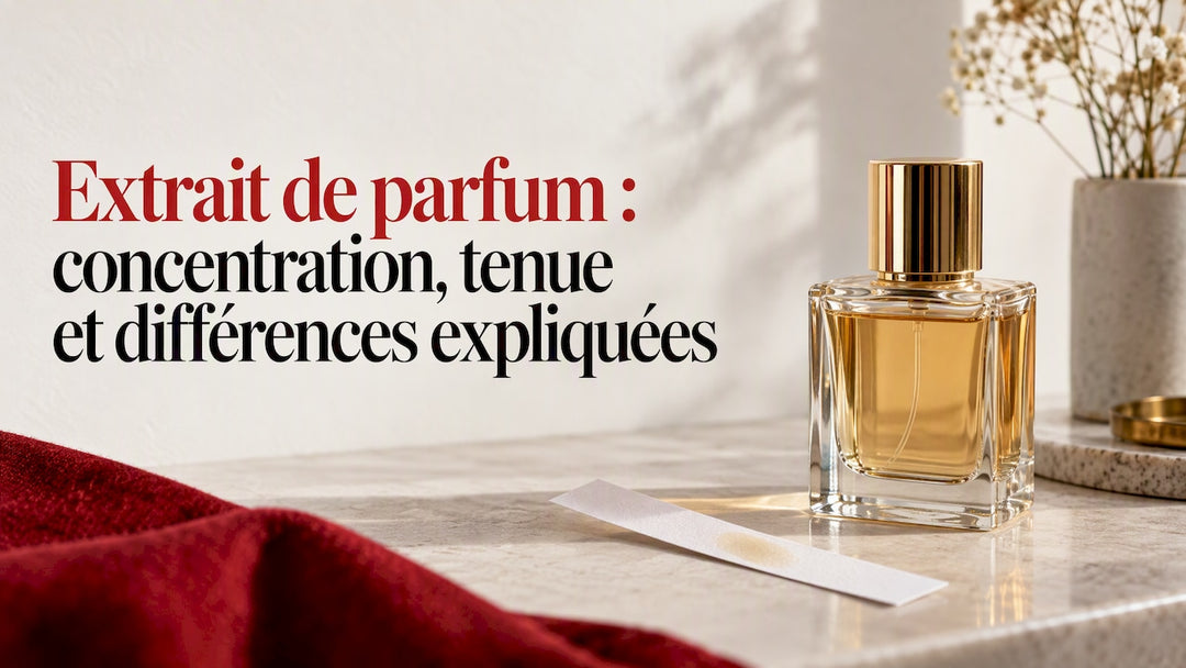 Flacon de parfum concentré posé à côté d’un buvard